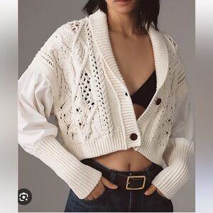 NWT By Anthropologie Balloon-Sleeve Twofer Cable-Knit Cardigan Sweater, size M